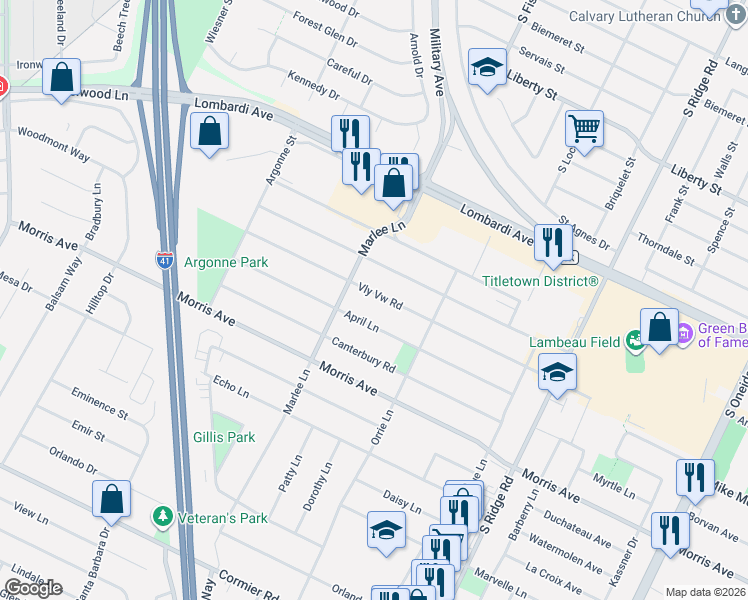 map of restaurants, bars, coffee shops, grocery stores, and more near 1216 Valleyview Road in Green Bay