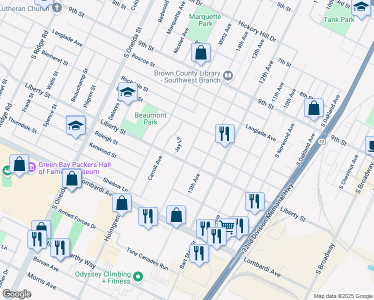 map of restaurants, bars, coffee shops, grocery stores, and more near 1597 Jay Lane in Green Bay