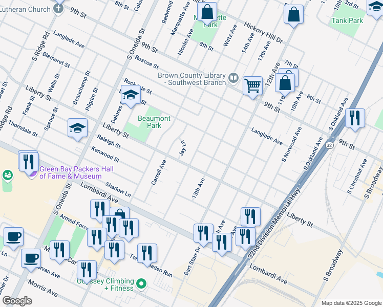 map of restaurants, bars, coffee shops, grocery stores, and more near 1597 Jay Lane in Green Bay