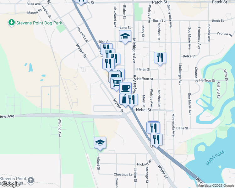 map of restaurants, bars, coffee shops, grocery stores, and more near 3262 Church Street in Stevens Point