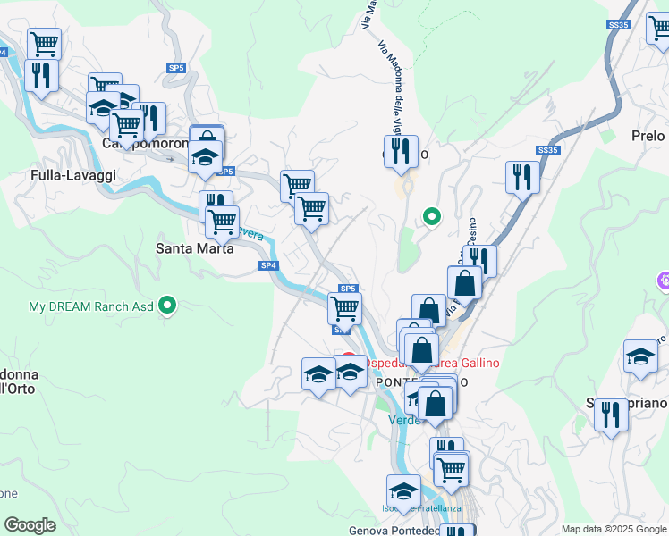 map of restaurants, bars, coffee shops, grocery stores, and more near 37 SP5 in Genova
