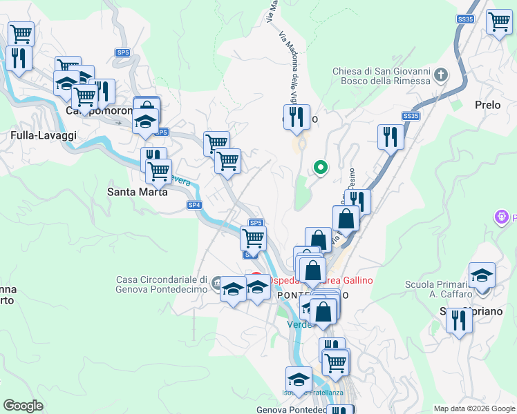 map of restaurants, bars, coffee shops, grocery stores, and more near 37 Strada Provinciale 5 in Genova