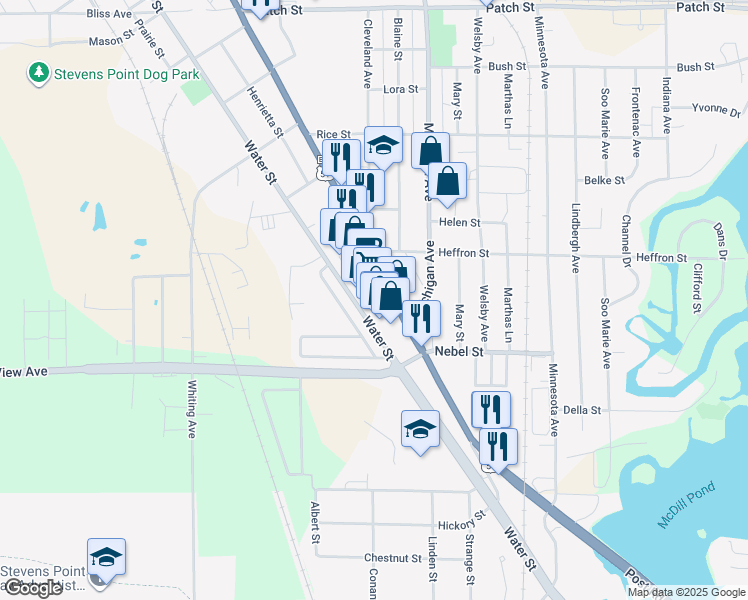 map of restaurants, bars, coffee shops, grocery stores, and more near 3262 Church Street in Stevens Point