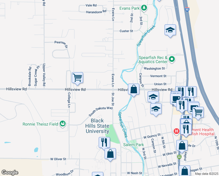 map of restaurants, bars, coffee shops, grocery stores, and more near 205-209 Evans Lane in Spearfish