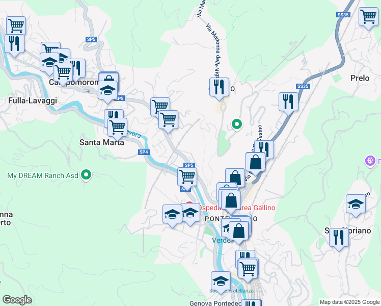 map of restaurants, bars, coffee shops, grocery stores, and more near 37 Strada Provinciale 5 in Genova