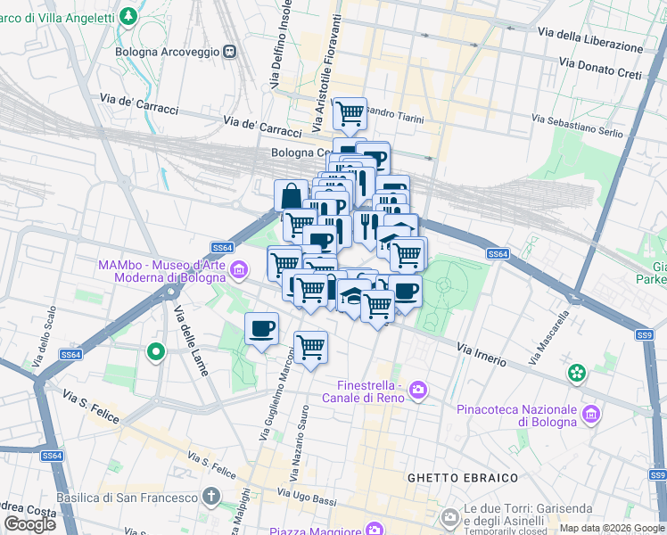 map of restaurants, bars, coffee shops, grocery stores, and more near 12 Via Milazzo in Bologna