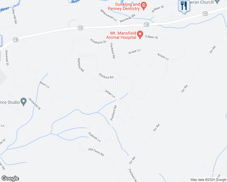 map of restaurants, bars, coffee shops, grocery stores, and more near 48 Packard Road in Jericho