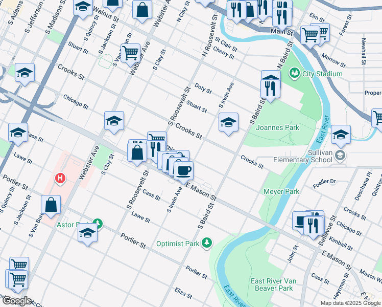 map of restaurants, bars, coffee shops, grocery stores, and more near 1253 Chicago Street in Green Bay