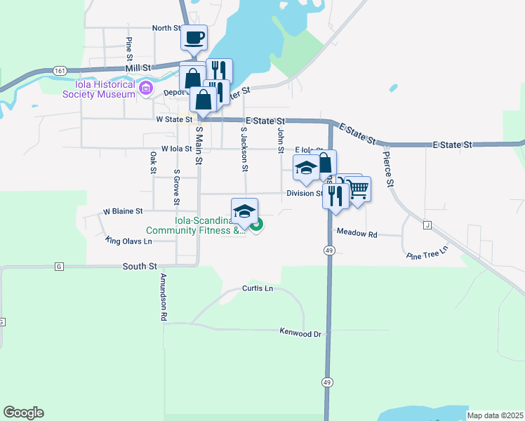 map of restaurants, bars, coffee shops, grocery stores, and more near 365 Mc Kinley Street in Iola