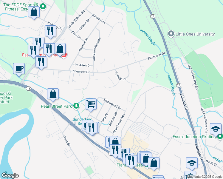 map of restaurants, bars, coffee shops, grocery stores, and more near 12 Southdown Court in Essex Junction