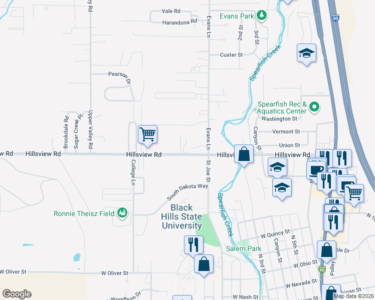 map of restaurants, bars, coffee shops, grocery stores, and more near 316-320 Hillsview Road in Spearfish