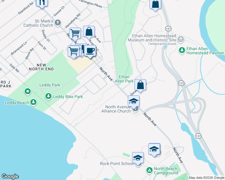 map of restaurants, bars, coffee shops, grocery stores, and more near 103 Little Eagle Bay Road in Burlington