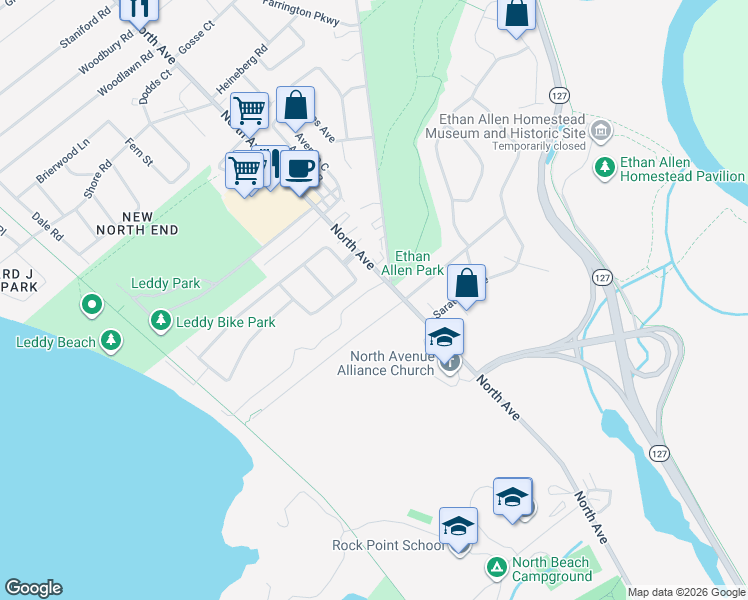 map of restaurants, bars, coffee shops, grocery stores, and more near 103 Little Eagle Bay Road in Burlington