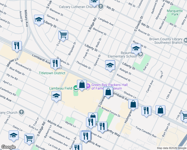 map of restaurants, bars, coffee shops, grocery stores, and more near 1218 Shadow Lane in Green Bay