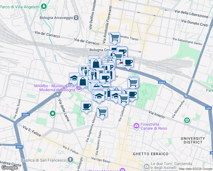 map of restaurants, bars, coffee shops, grocery stores, and more near 12 Via Milazzo in Bologna