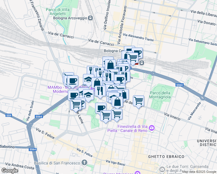 map of restaurants, bars, coffee shops, grocery stores, and more near 16 Via Cairoli Fratelli in Bologna
