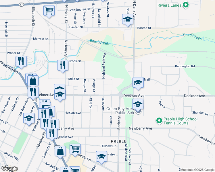map of restaurants, bars, coffee shops, grocery stores, and more near 201-2 Mills Street in Green Bay