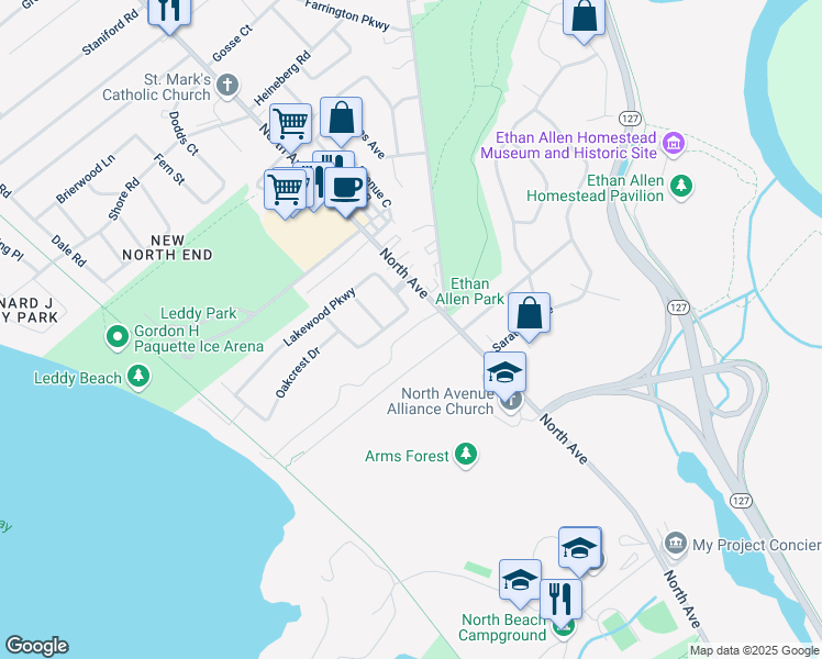 map of restaurants, bars, coffee shops, grocery stores, and more near 112 Little Eagle Bay in Burlington