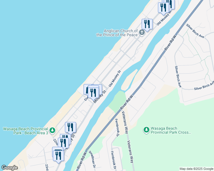 map of restaurants, bars, coffee shops, grocery stores, and more near 330 Old Mosley Street in Wasaga Beach