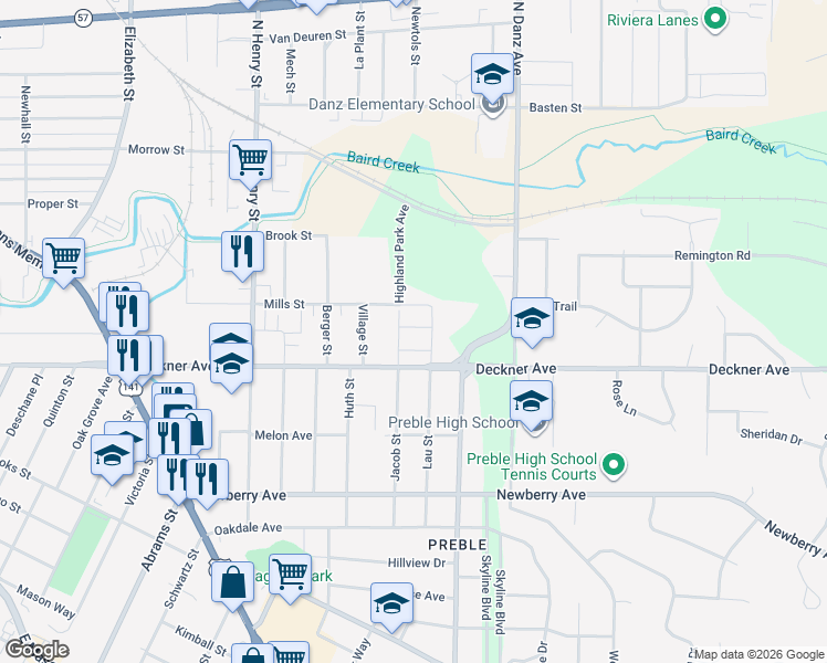 map of restaurants, bars, coffee shops, grocery stores, and more near 201-2 Mills Street in Green Bay