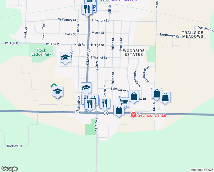 map of restaurants, bars, coffee shops, grocery stores, and more near 826 Green Street in Seymour