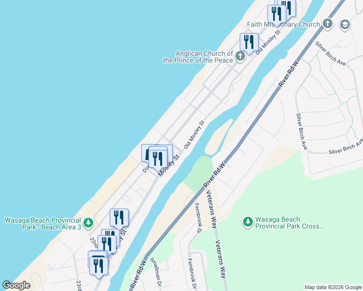 map of restaurants, bars, coffee shops, grocery stores, and more near 338 Old Mosley Street in Wasaga Beach