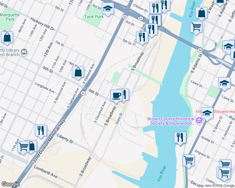 map of restaurants, bars, coffee shops, grocery stores, and more near 1216 South Broadway in Green Bay