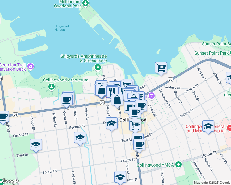 map of restaurants, bars, coffee shops, grocery stores, and more near 23 Side Launch Way in Collingwood