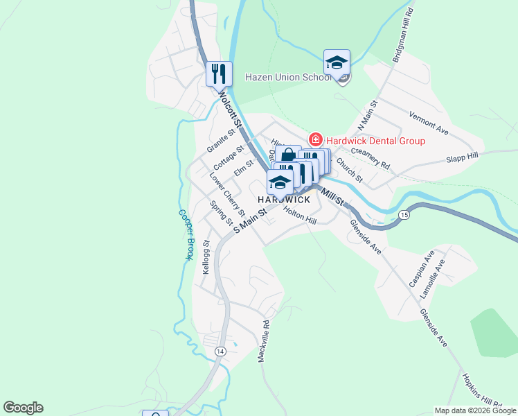 map of restaurants, bars, coffee shops, grocery stores, and more near 169 Main Street in Hardwick