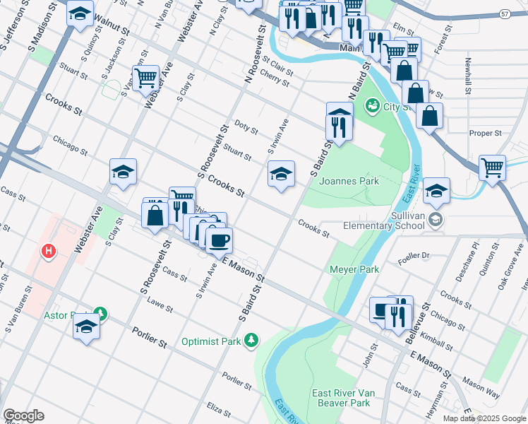 map of restaurants, bars, coffee shops, grocery stores, and more near 1338 Crooks Street in Green Bay