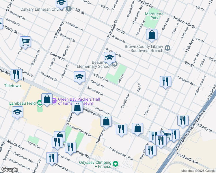 map of restaurants, bars, coffee shops, grocery stores, and more near 1077 Liberty Street in Green Bay
