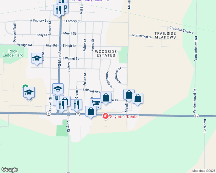 map of restaurants, bars, coffee shops, grocery stores, and more near 825 Woodside Drive in Seymour