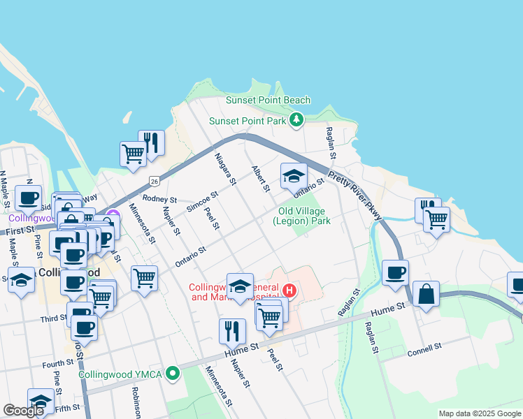 map of restaurants, bars, coffee shops, grocery stores, and more near 393 Ontario Street in Collingwood