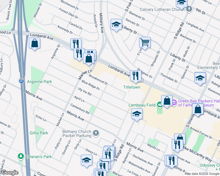 map of restaurants, bars, coffee shops, grocery stores, and more near 1133 Brookwood Drive in Green Bay