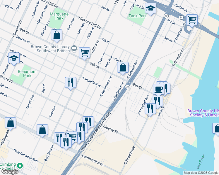map of restaurants, bars, coffee shops, grocery stores, and more near 1333 South Norwood Avenue in Green Bay