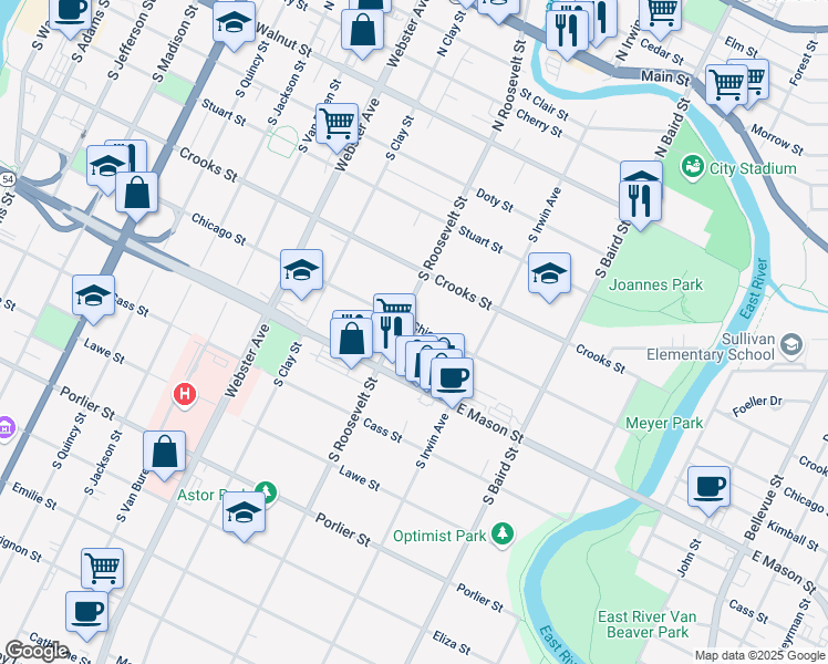 map of restaurants, bars, coffee shops, grocery stores, and more near 1212 Chicago Street in Green Bay