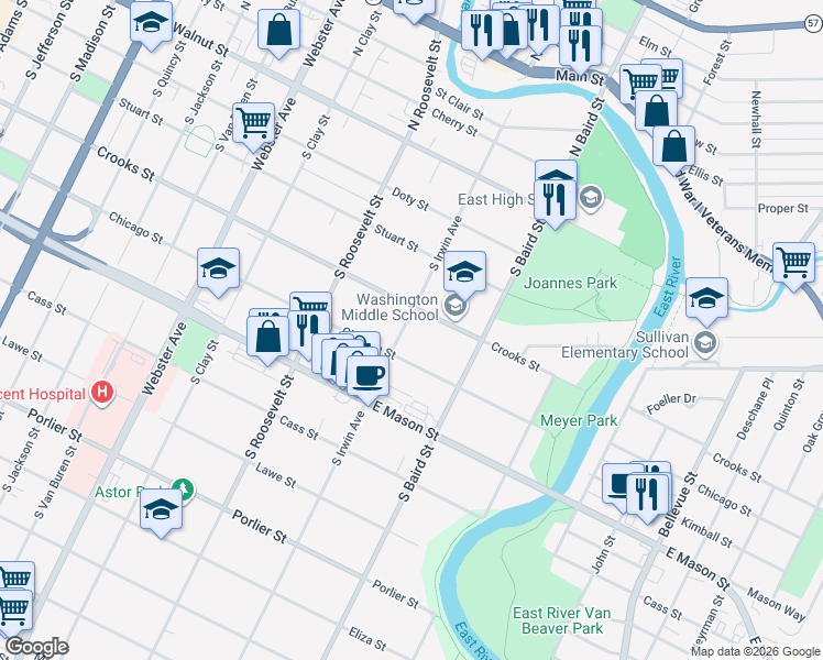 map of restaurants, bars, coffee shops, grocery stores, and more near 421 South Irwin Avenue in Green Bay