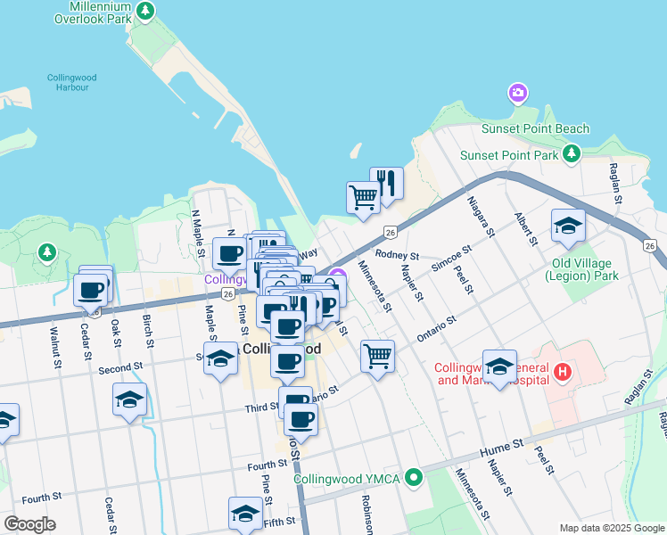 map of restaurants, bars, coffee shops, grocery stores, and more near in Collingwood