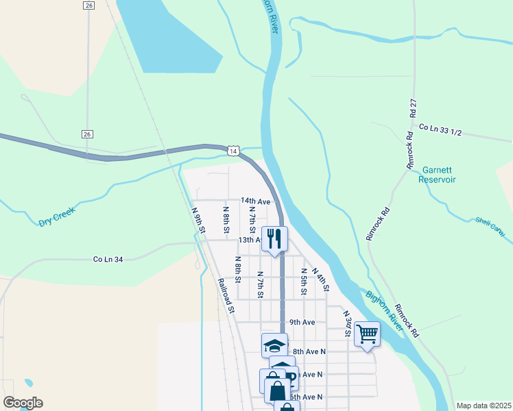map of restaurants, bars, coffee shops, grocery stores, and more near 641 14th Avenue in Greybull
