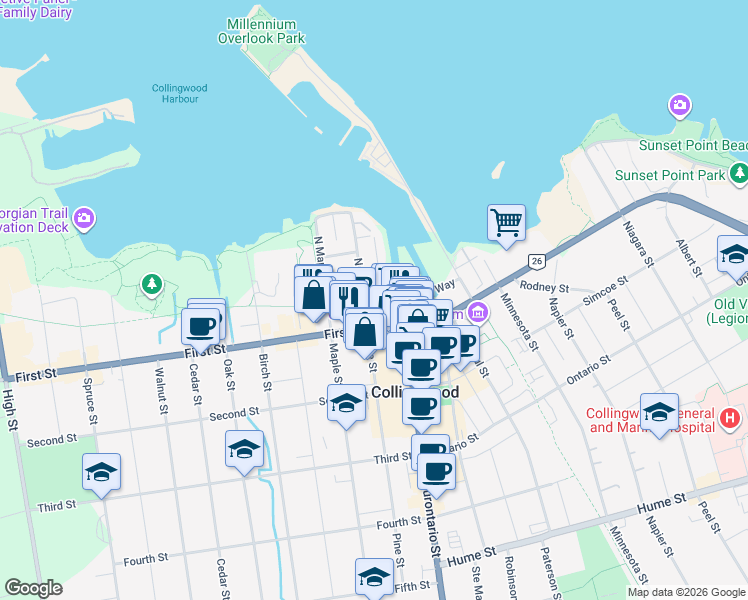 map of restaurants, bars, coffee shops, grocery stores, and more near Side Launch Way in Collingwood