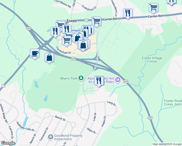 map of restaurants, bars, coffee shops, grocery stores, and more near 510 Essex Way in Essex