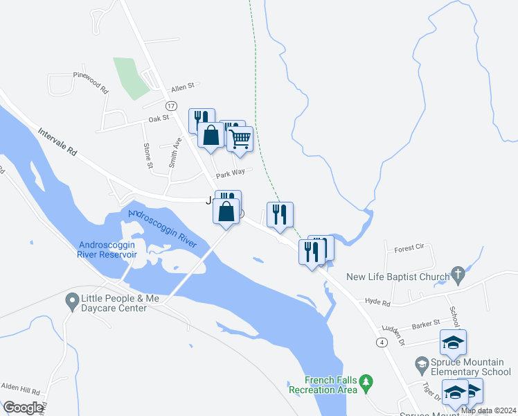map of restaurants, bars, coffee shops, grocery stores, and more near 6 Tweedie Street in Jay