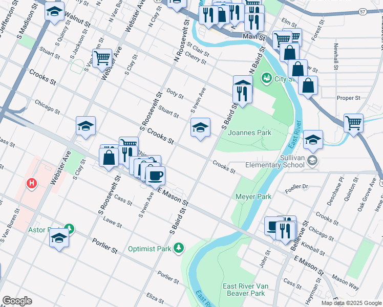 map of restaurants, bars, coffee shops, grocery stores, and more near 1338 Crooks Street in Green Bay