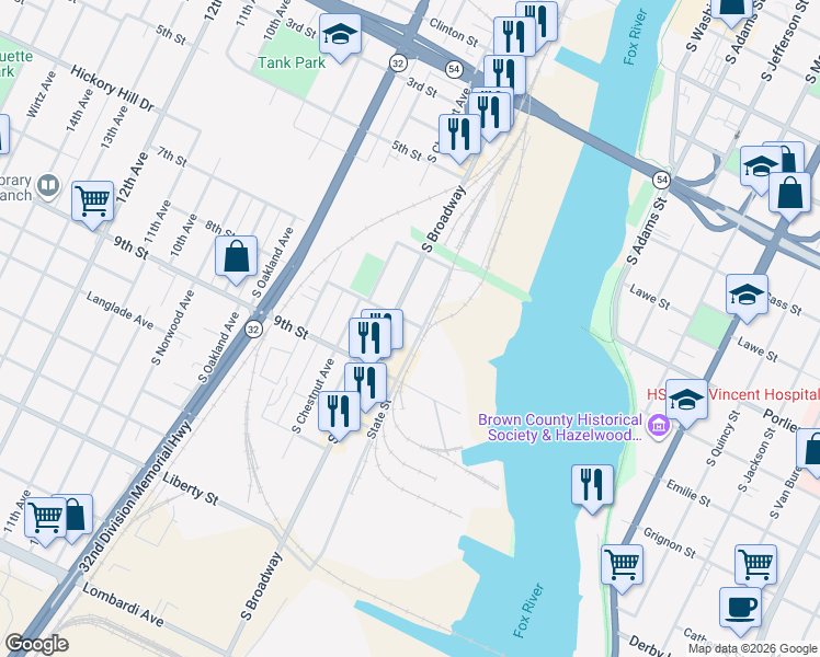 map of restaurants, bars, coffee shops, grocery stores, and more near 1200 State Street in Green Bay