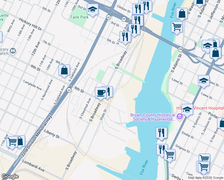 map of restaurants, bars, coffee shops, grocery stores, and more near 1200 State Street in Green Bay