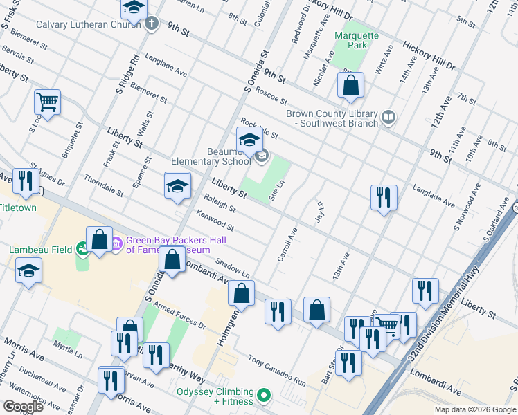 map of restaurants, bars, coffee shops, grocery stores, and more near 1077 Liberty Street in Green Bay