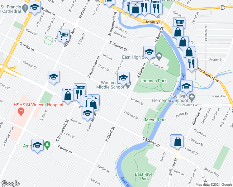 map of restaurants, bars, coffee shops, grocery stores, and more near 1330 Crooks Street in Green Bay
