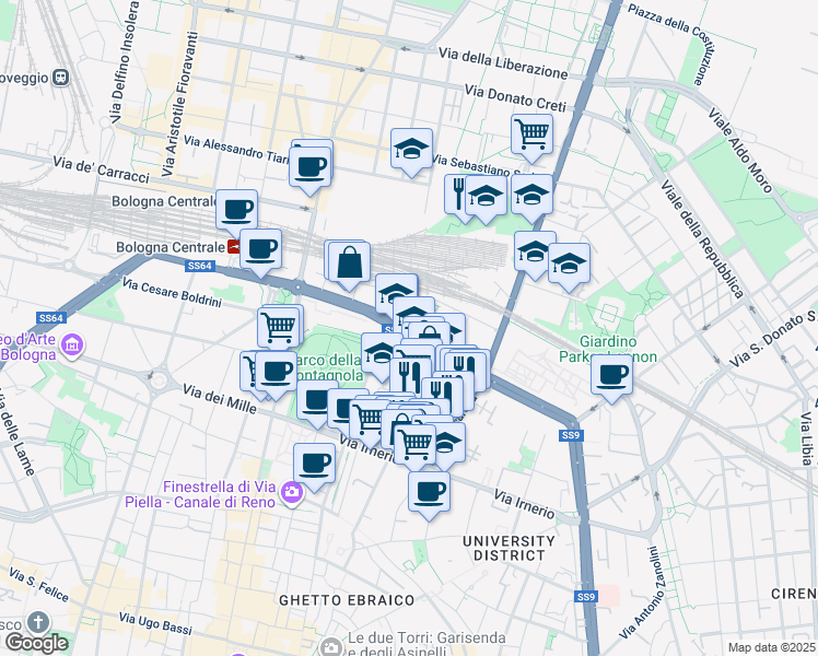 map of restaurants, bars, coffee shops, grocery stores, and more near 26 Viale Angelo Masini in Bologna