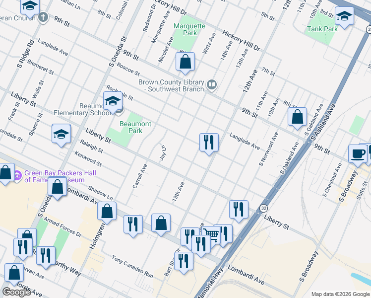 map of restaurants, bars, coffee shops, grocery stores, and more near 1509 14th Ave in Green Bay