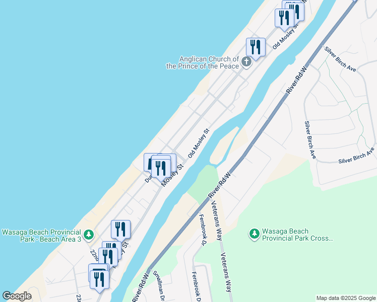 map of restaurants, bars, coffee shops, grocery stores, and more near 330 Old Mosley Street in Wasaga Beach